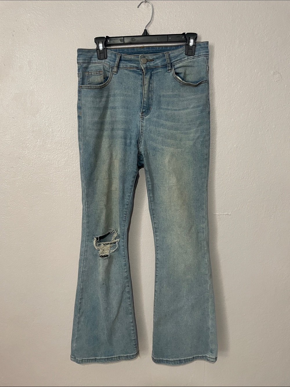 SHEIN Light Blue Flare Jeans with Distressed Knee